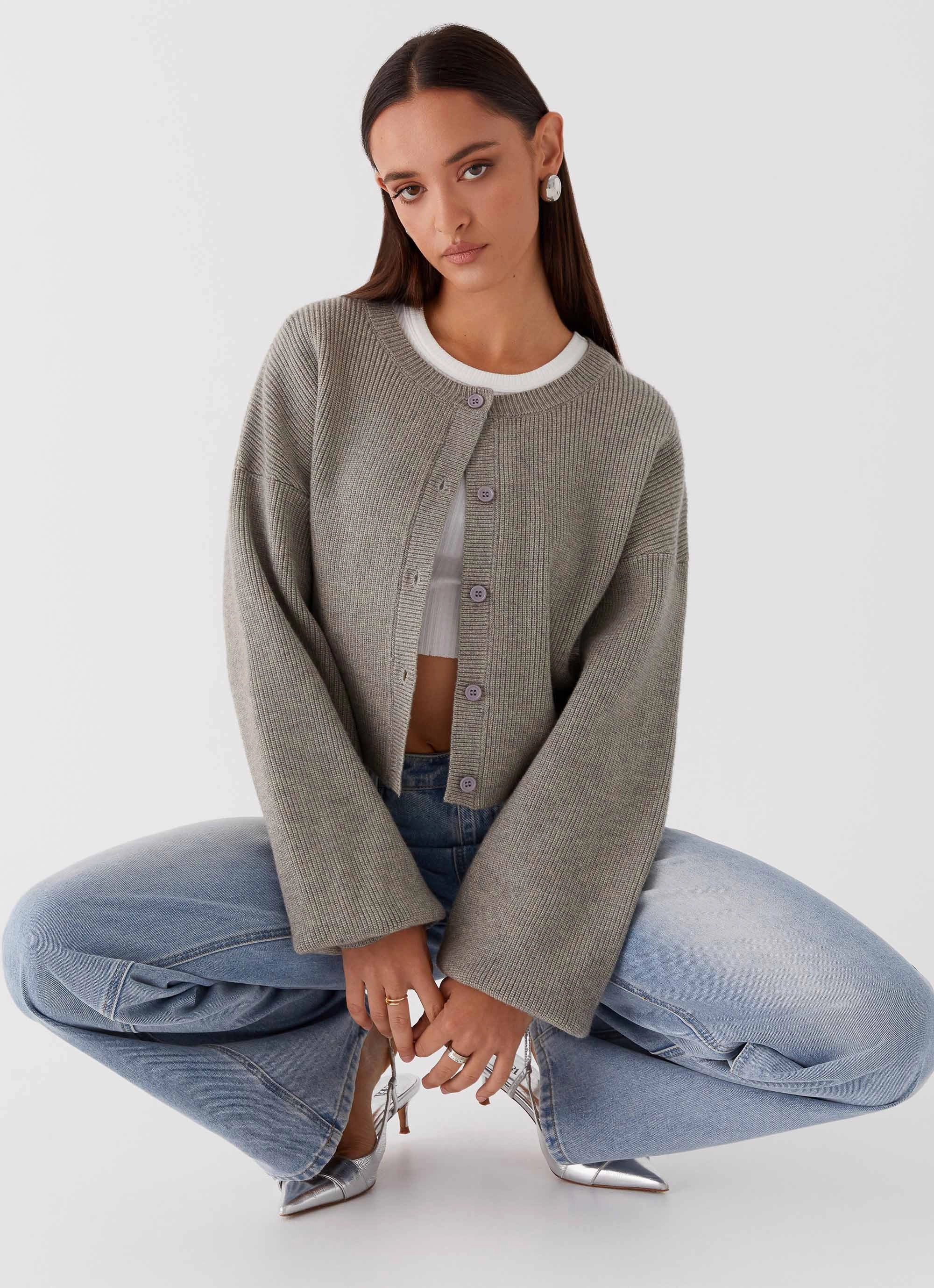 Down Stuffed Daphne Knit Cardigan - Light Grey
