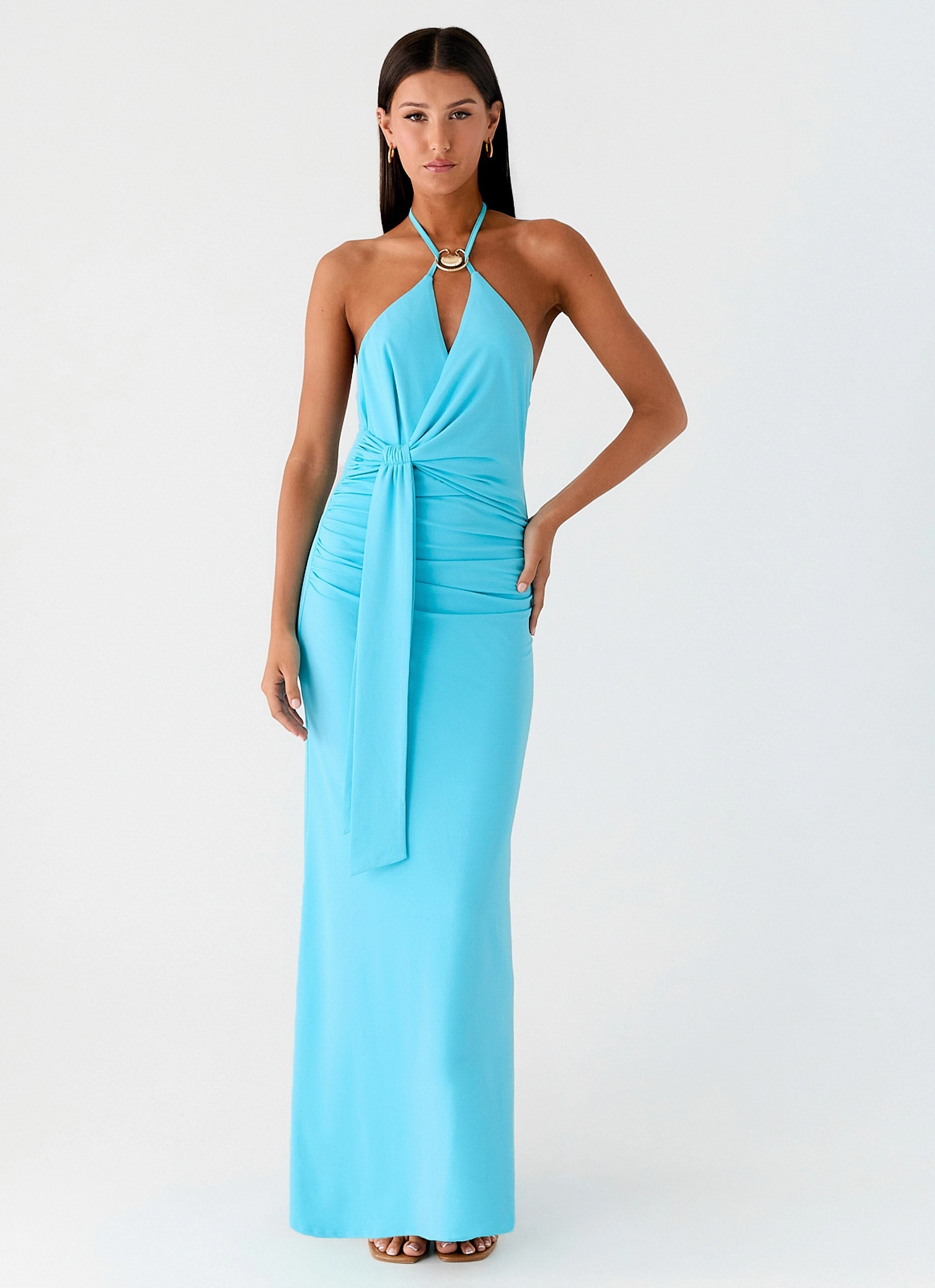 Dare Me Halter Maxi Dress - Aqua Blue Drawstring-Waist Fashion-Forward Fit