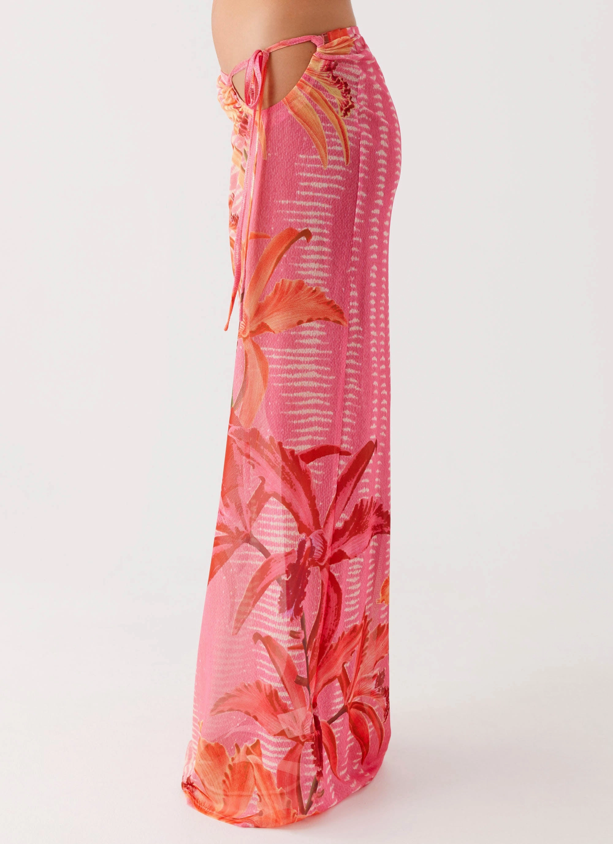 Jovani Maxi Skirt - Tropical Pink Print High Shine Artisanal Craft