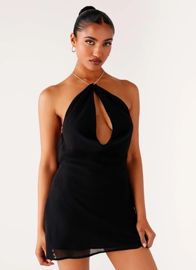 Sculpted Detail Key Hole Cowl Neckline Mini Dress - Black