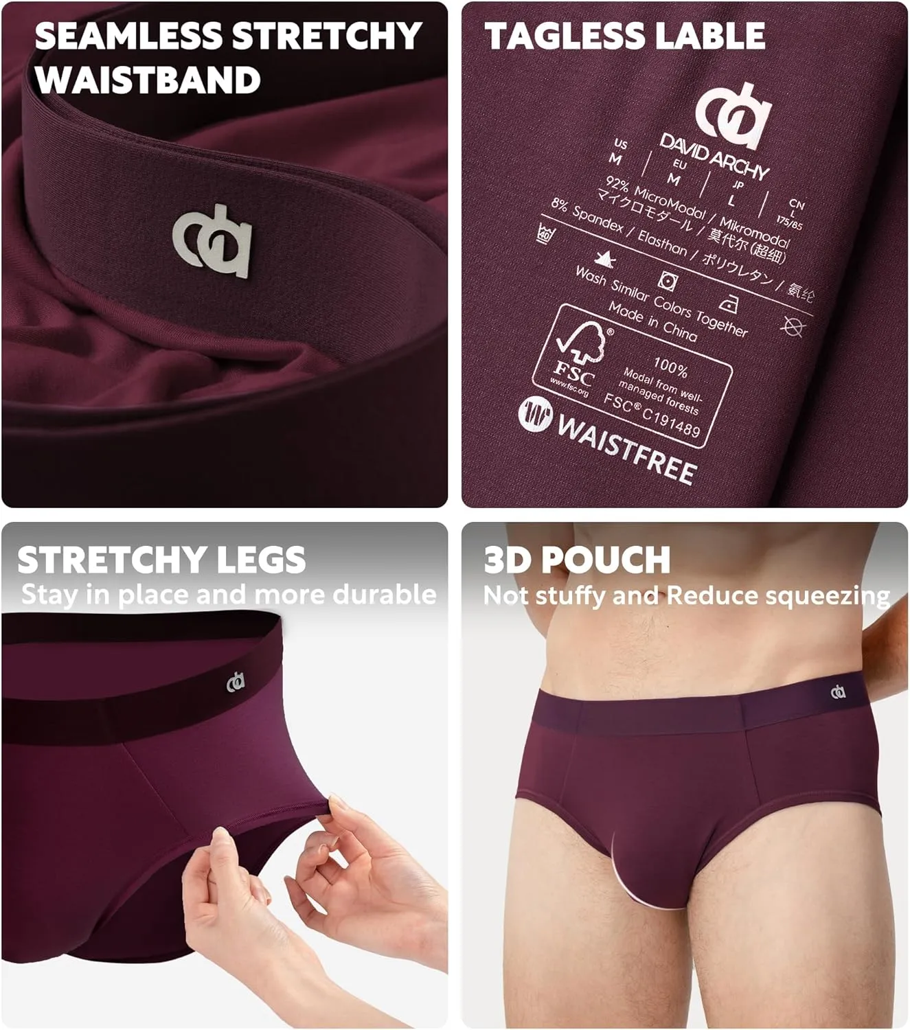 DAVID ARCHY Seamless Men's Briefs Micro Modal Ultra Soft Breathable No Fly Support Pouch Mens Underwear Briefs 4 Pack