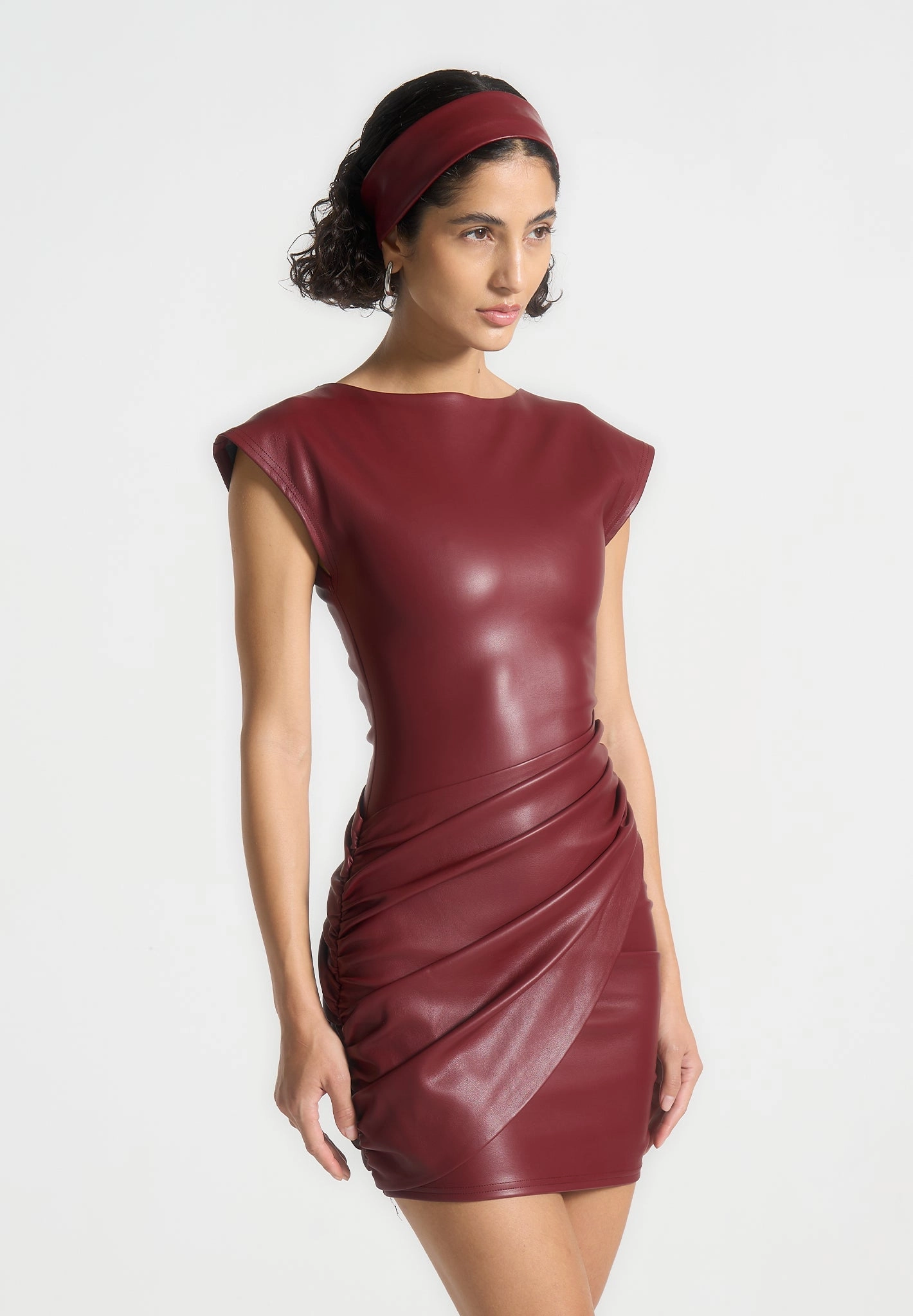 Resort Outfit Tina - Leather Gathered Dress - Wine Red