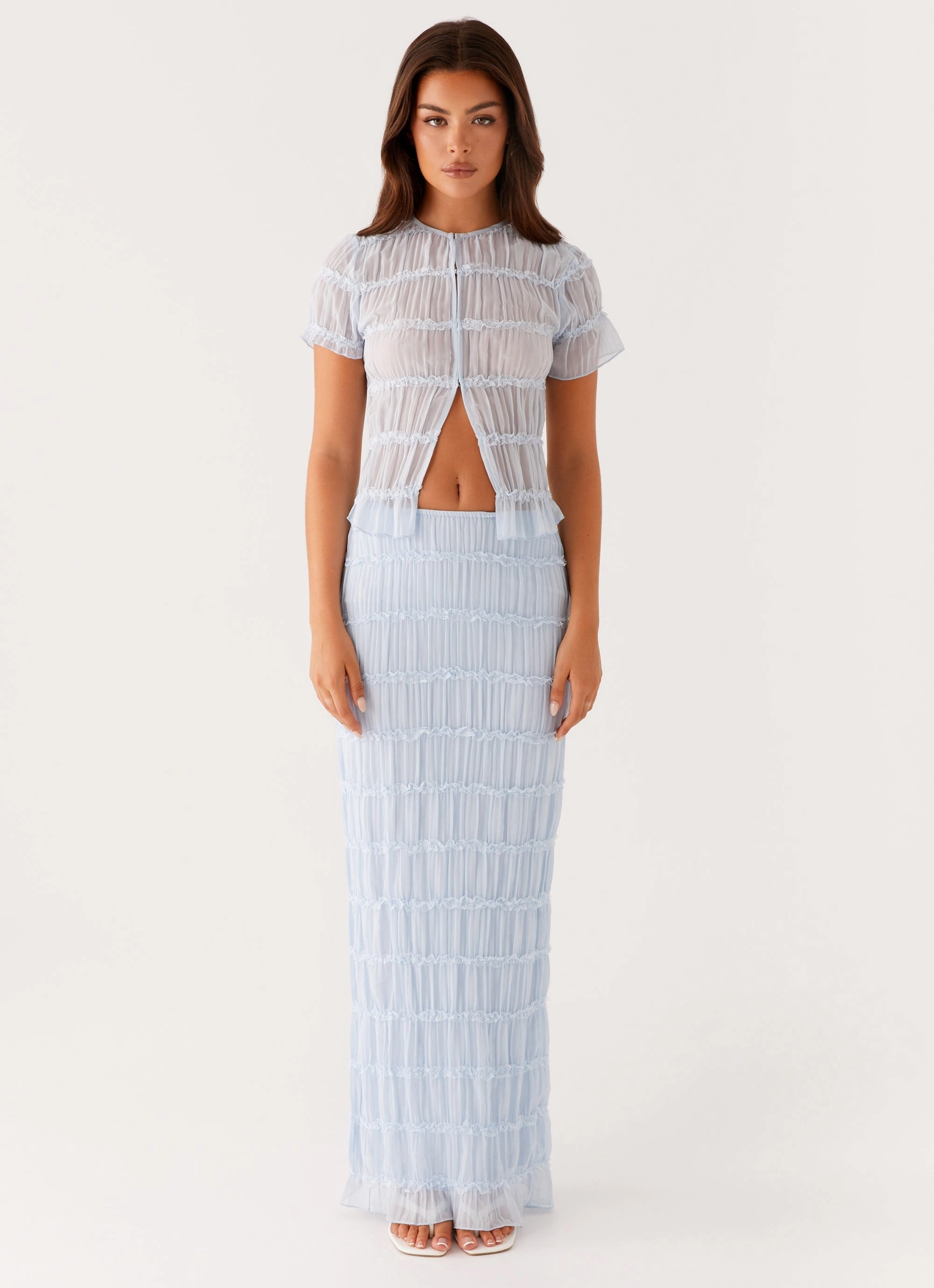 Daydreaming Low Rise Maxi Skirt - Blue Crisscross Details