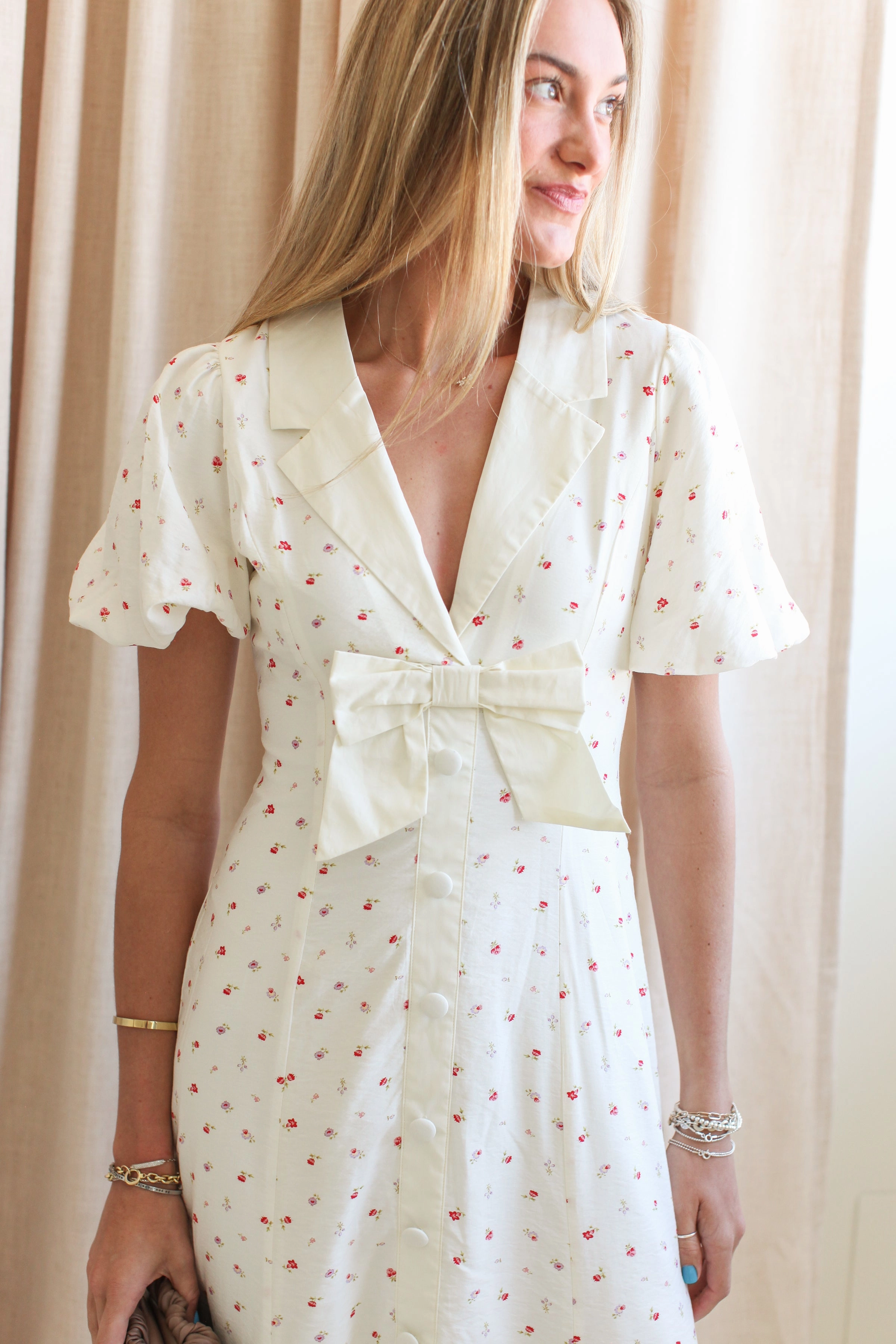 Daphne Bow Midi Dress Cozy Texture Comfortable Waistband