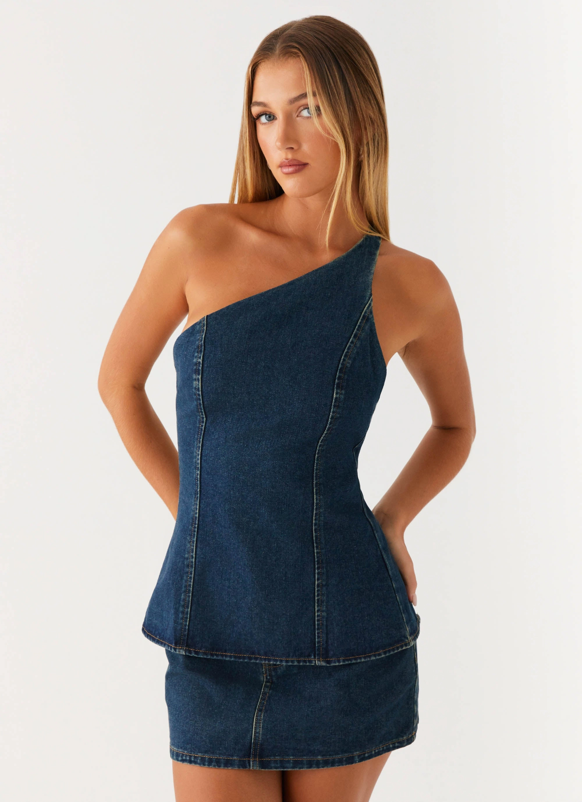 Fashion Style Maysa Low Rise Mini Skirt - Washed Denim
