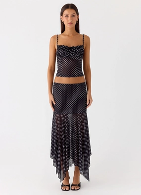 Buffy Maxi Skirt - Black Polkadot Sophisticated Mood tech fabric