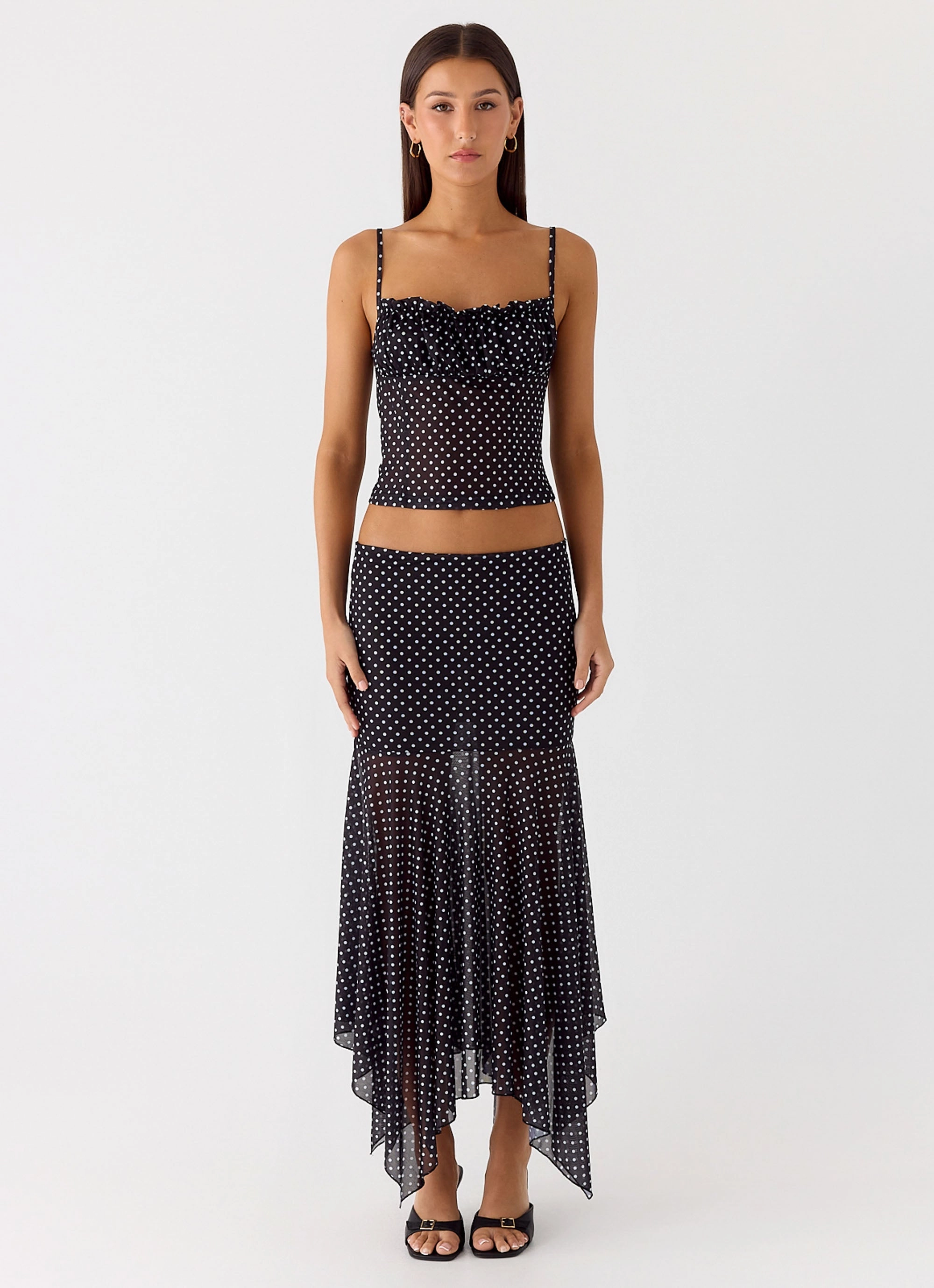 Buffy Maxi Skirt - Black Polkadot Sophisticated Mood tech fabric