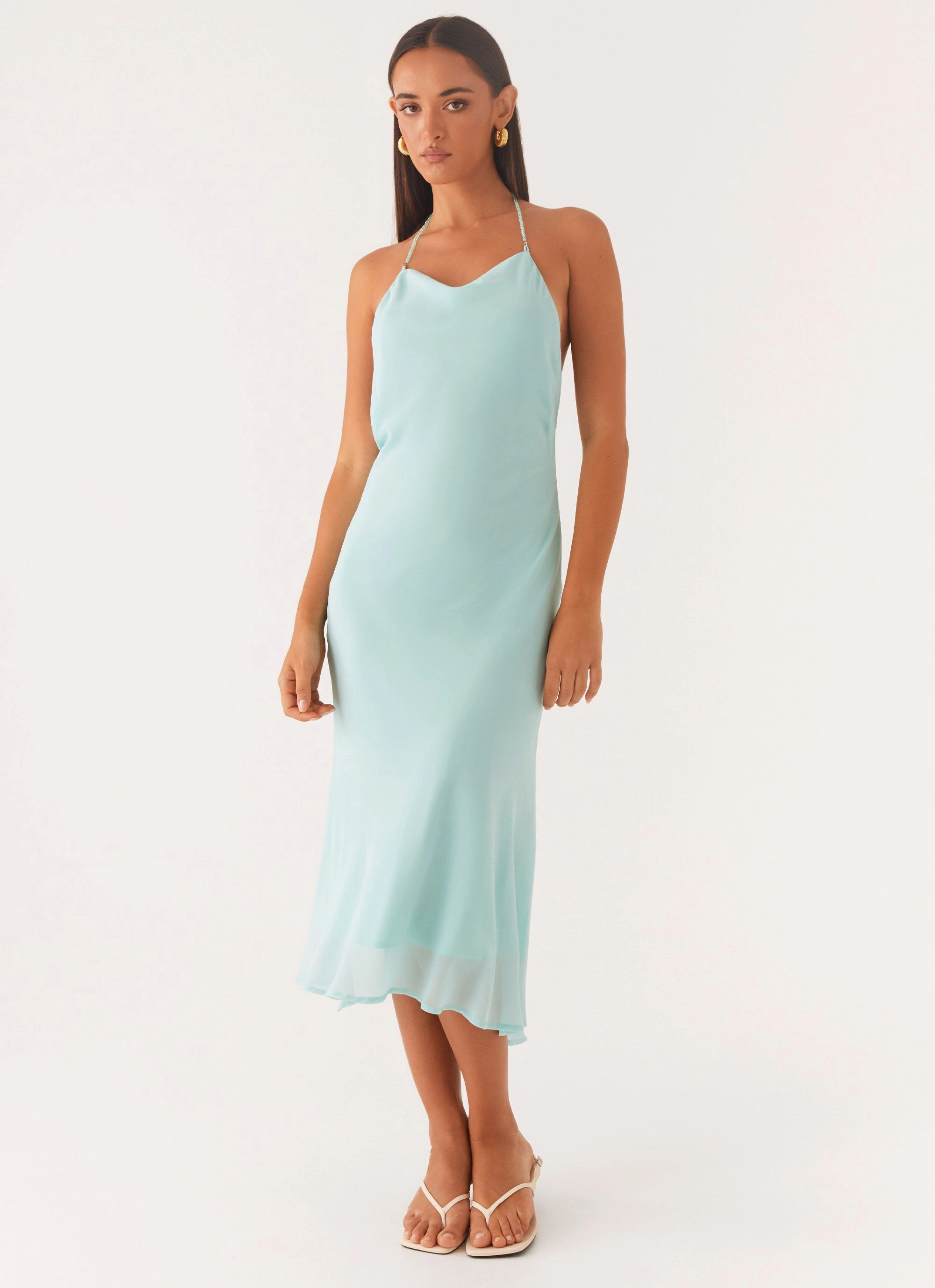 Comfort and Elegance ElasticWaistband Deep Dive Midi Dress - Pale Blue