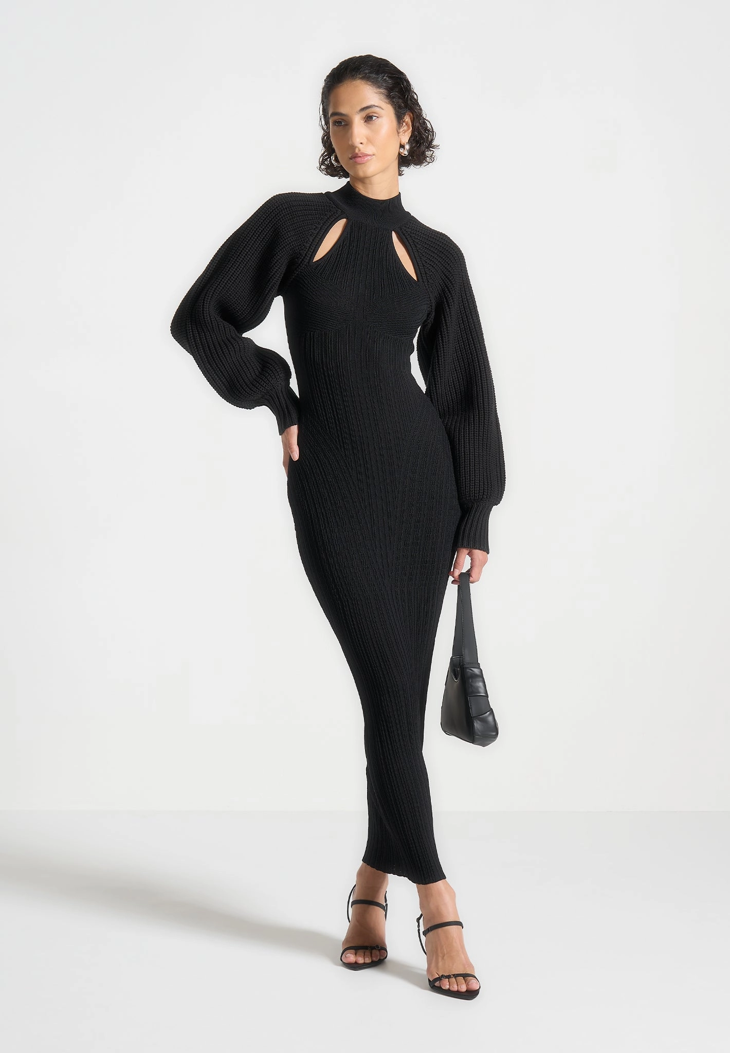 Balloon Sleeve Knitted Contour Maxi Dress - Black Airy Touch