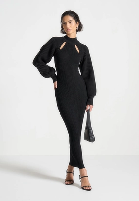 Balloon Sleeve Knitted Contour Maxi Dress - Black Airy Touch