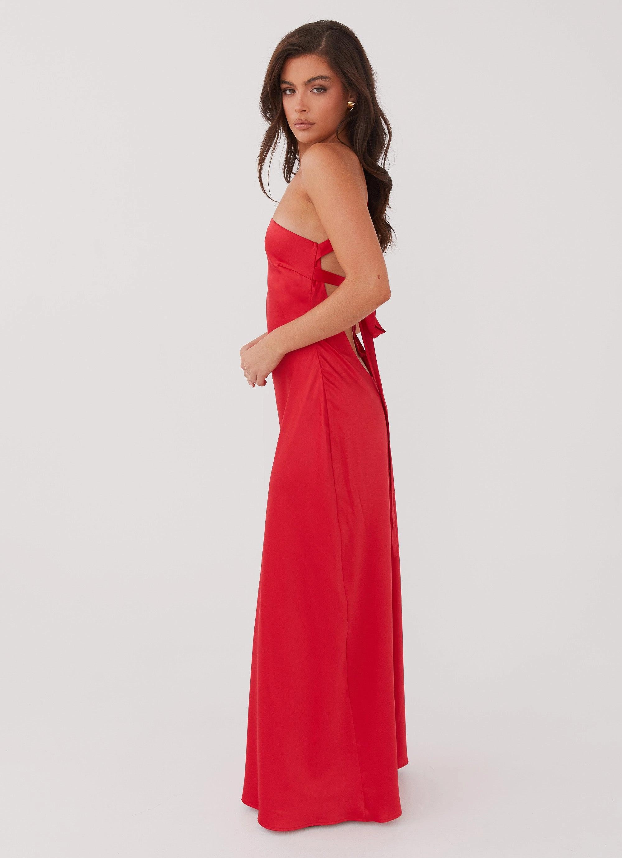 Delancy One Shoulder Maxi Dress - Rouge Red Neutral Layer Sleek Texture