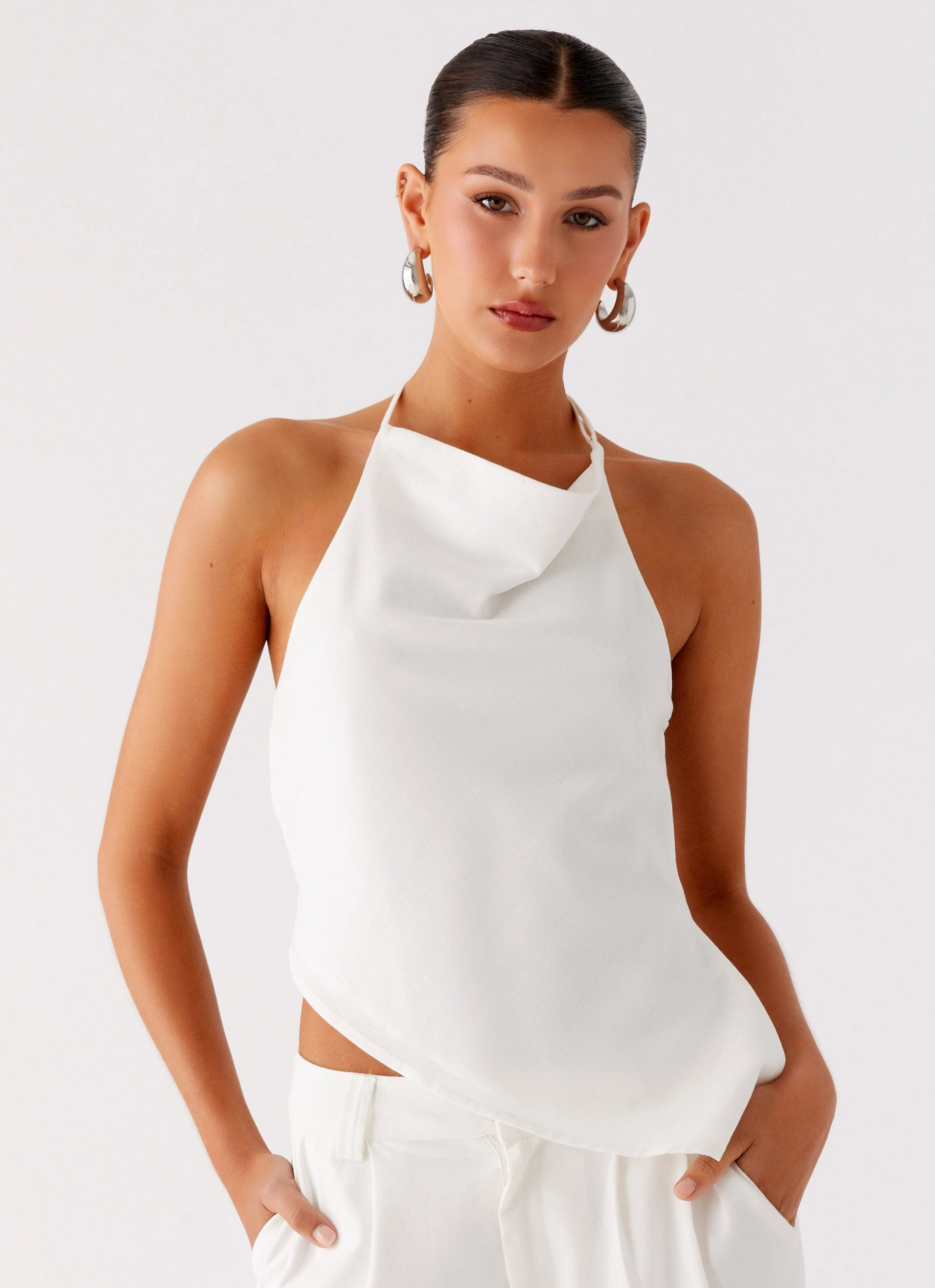 Delong Backless Linen Top - White Wrinkle Resistant Textile