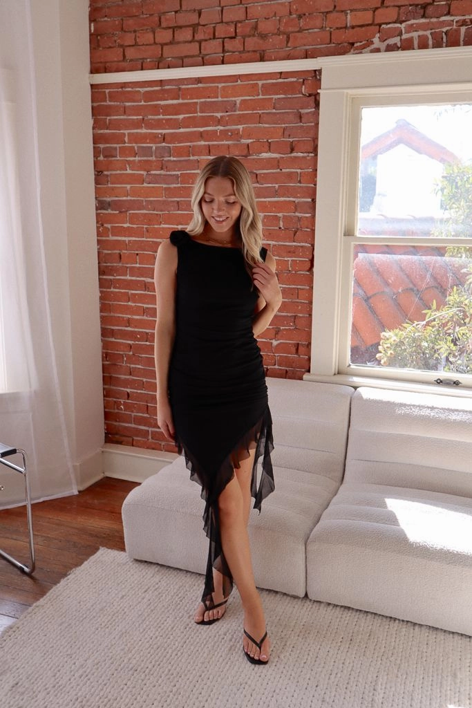Aria Rosette Ruffle Mini Dress Flattering Cut Wear Effortless Look