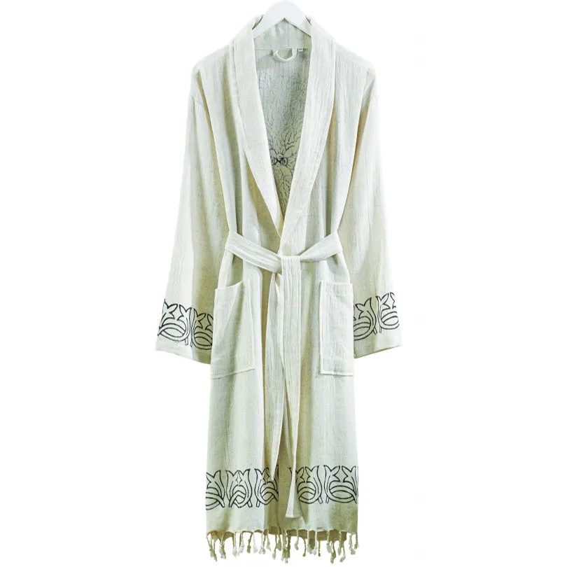 Dervis Hand Print Linen Cotton Bathrobe