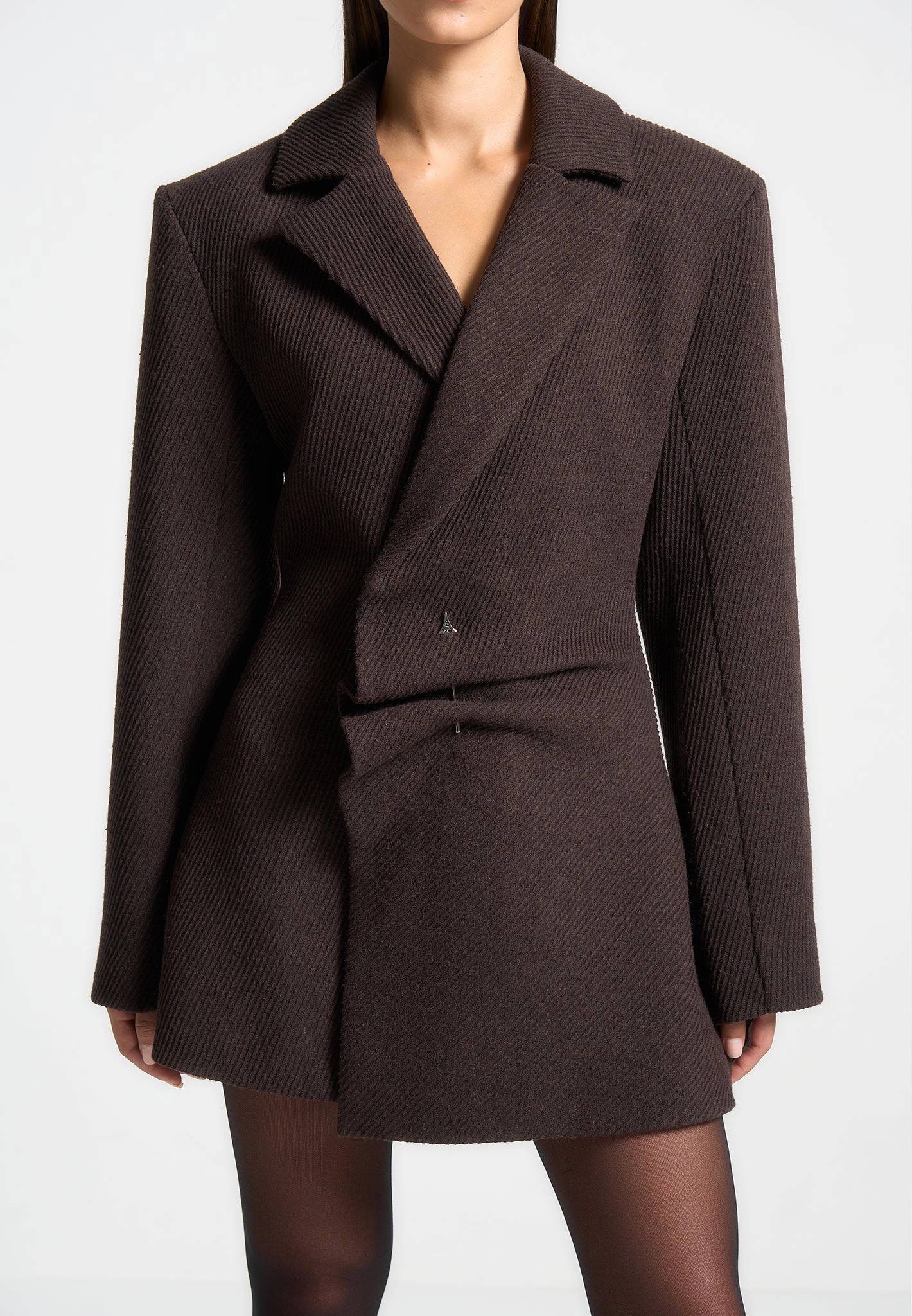 Polished Wear Party Perfect Sylvie - Oversized Wool Asymmetric Blazer Dress - Brown