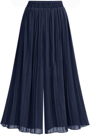 DGHM-JLMY Women's Summer Chiffon Pleated Beach Culottes Elastic Waist A-Line Cropped Wide Leg Pants Loose Palazzo Pant