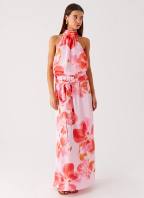 Diablo Backless Maxi Dress - Blushing Blossom Flowing Lines Edge Detail