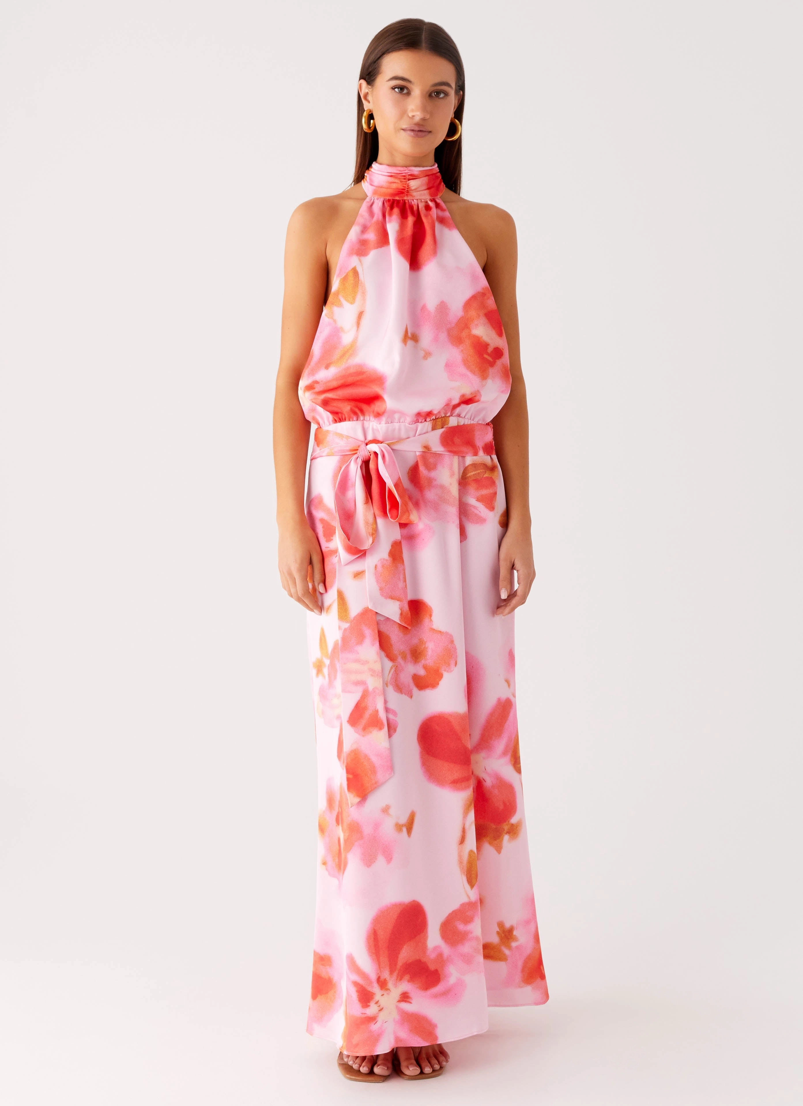 Pretty Glow Diablo Backless Maxi Dress - Blushing Blossom