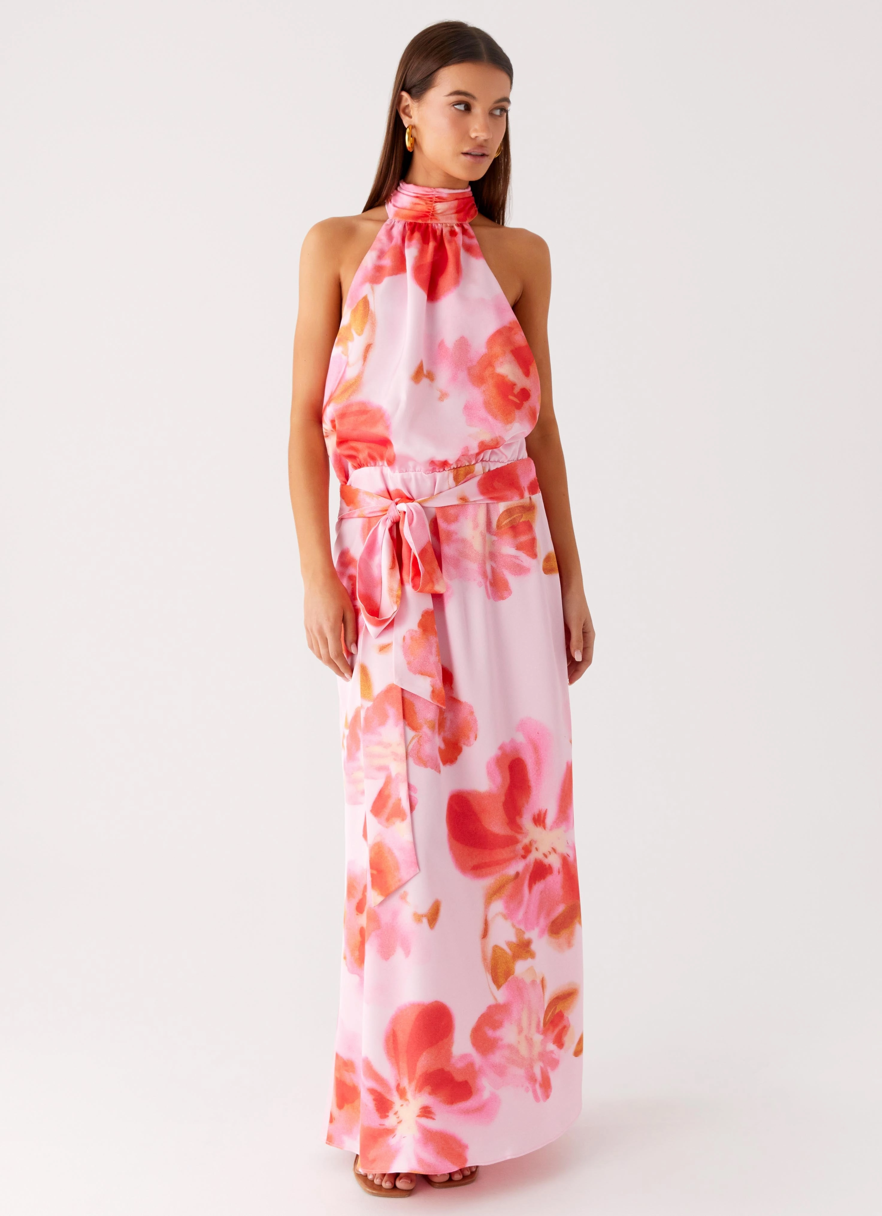 Diablo Backless Maxi Dress - Blushing Blossom Flowing Lines Edge Detail