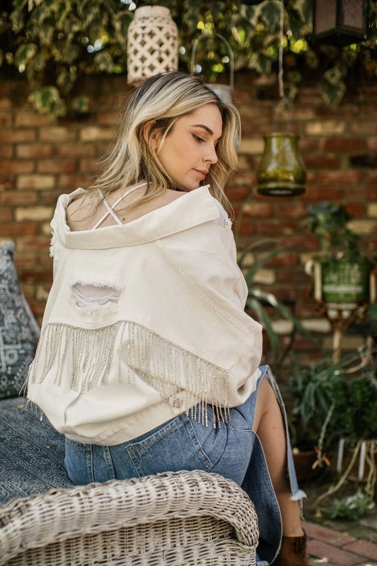 Diamond Dixie Rhinestone Fringe Jacket - White Adjustable hood design Eco Friendly Recycled Material