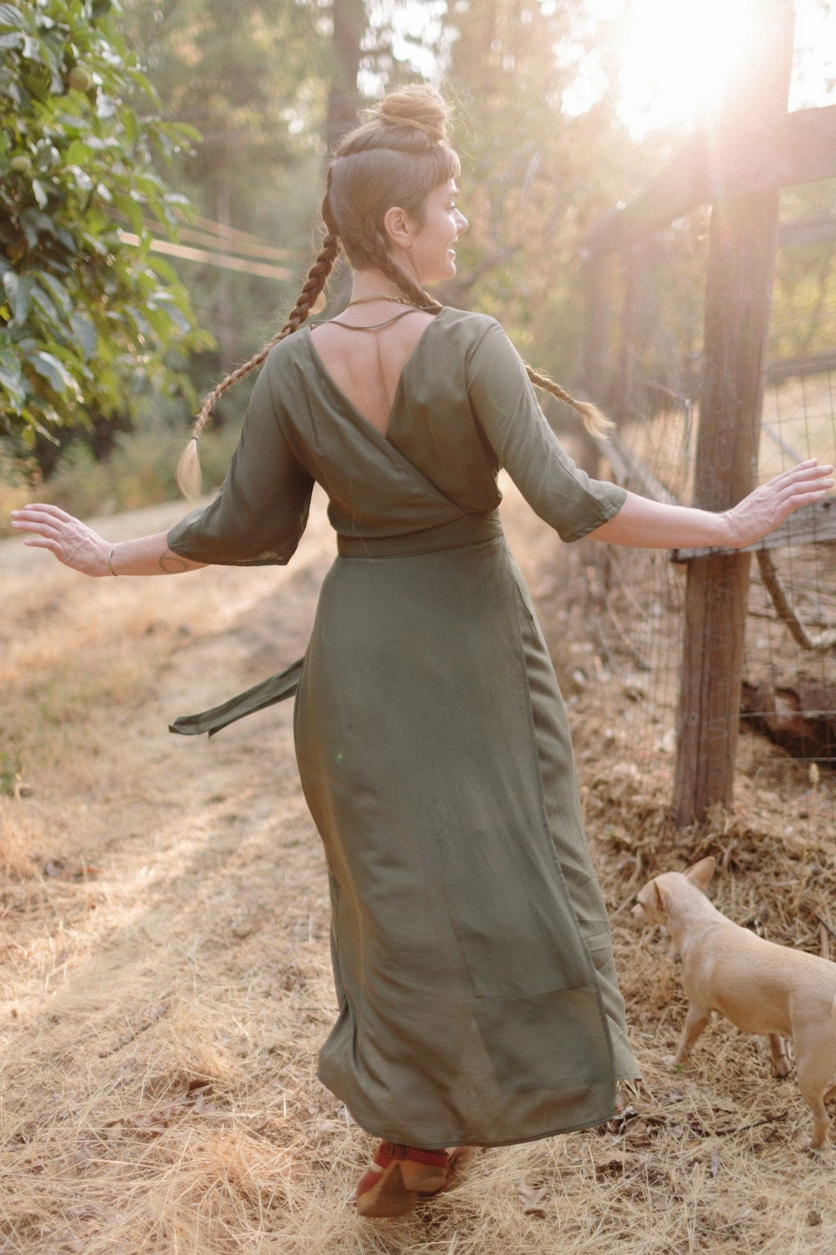 Soft Hue Flattering Lines Diana Dress in Olive Green Challis
