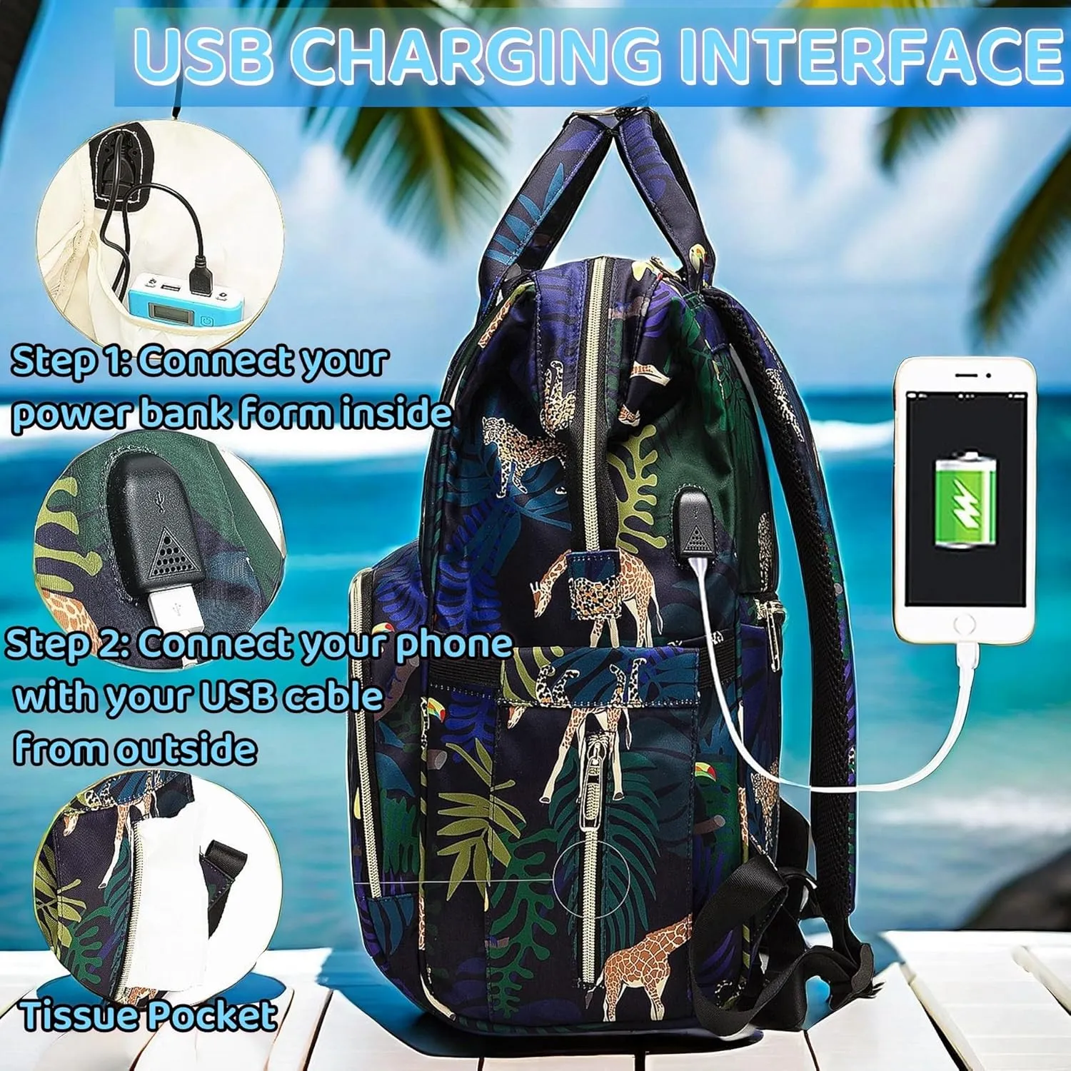 Diaper Bag Backpack, Animal Print Travel Nappy Bag with USB Charging Port Stroller Straps and Insulated Pocket For Women/Mum (Animal Print Pattern)
