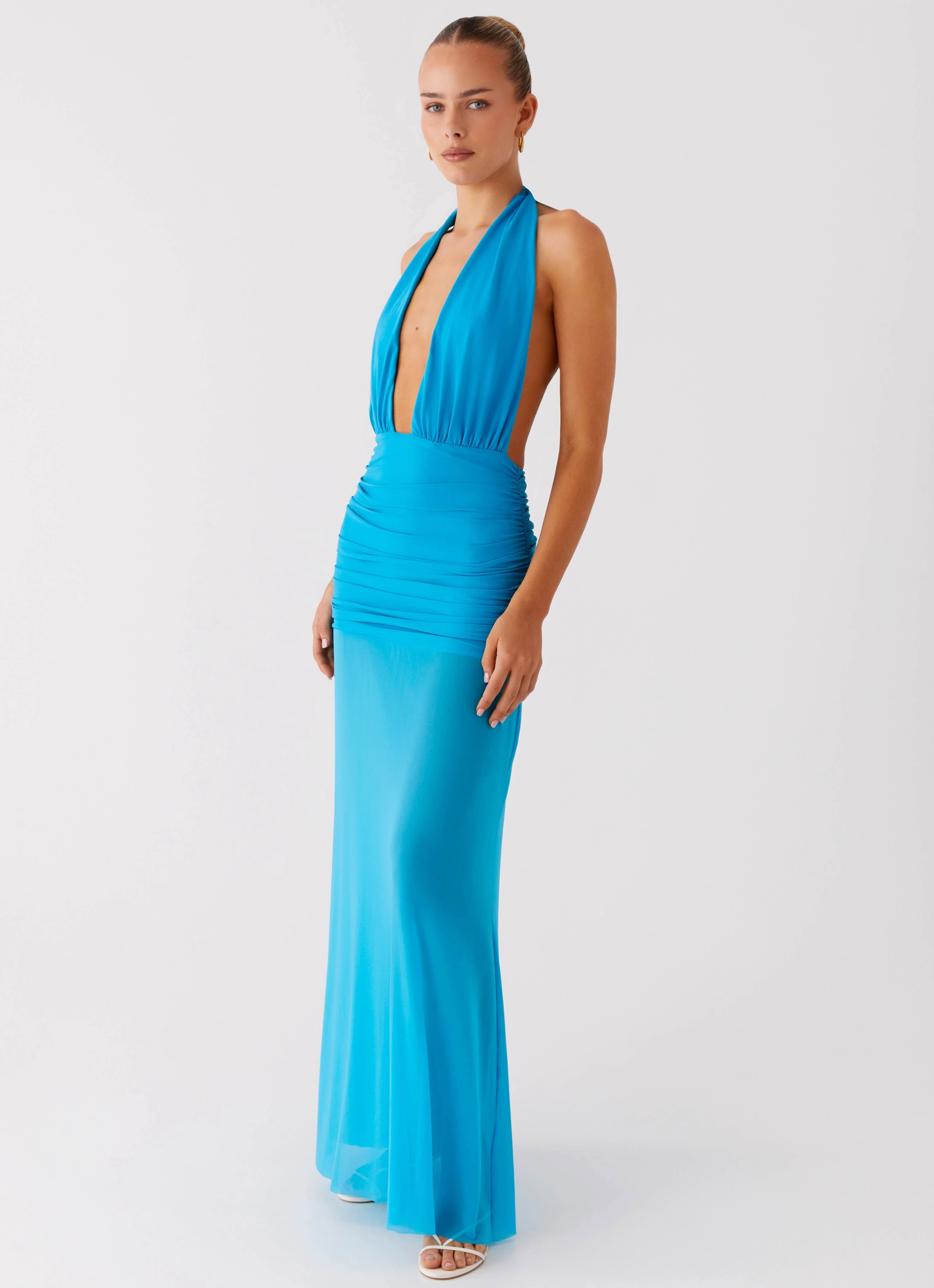 Dilemma Halter Maxi Dress - Turquoise Blue Fitted Design Romance Glow