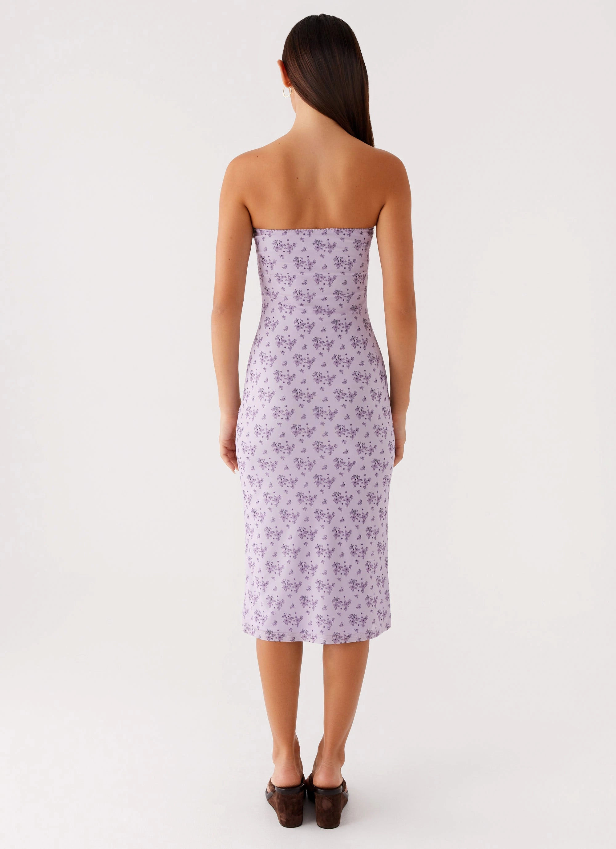 Keila Strapless Midi Dress - Lavender Meadow Front Ruffle Sheer Light