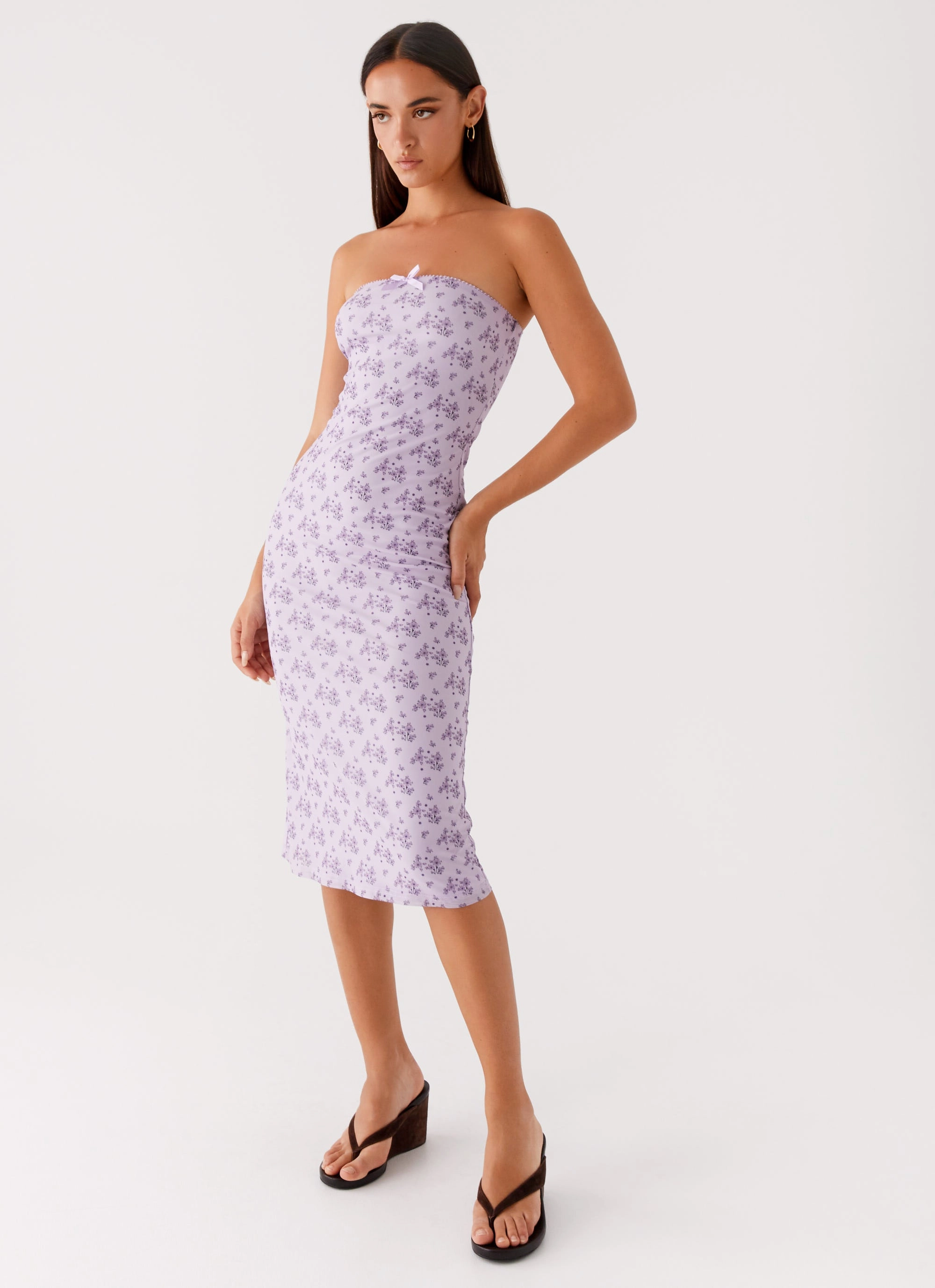 Pure Elegance Drapey Fabric Keila Strapless Midi Dress - Lavender Meadow