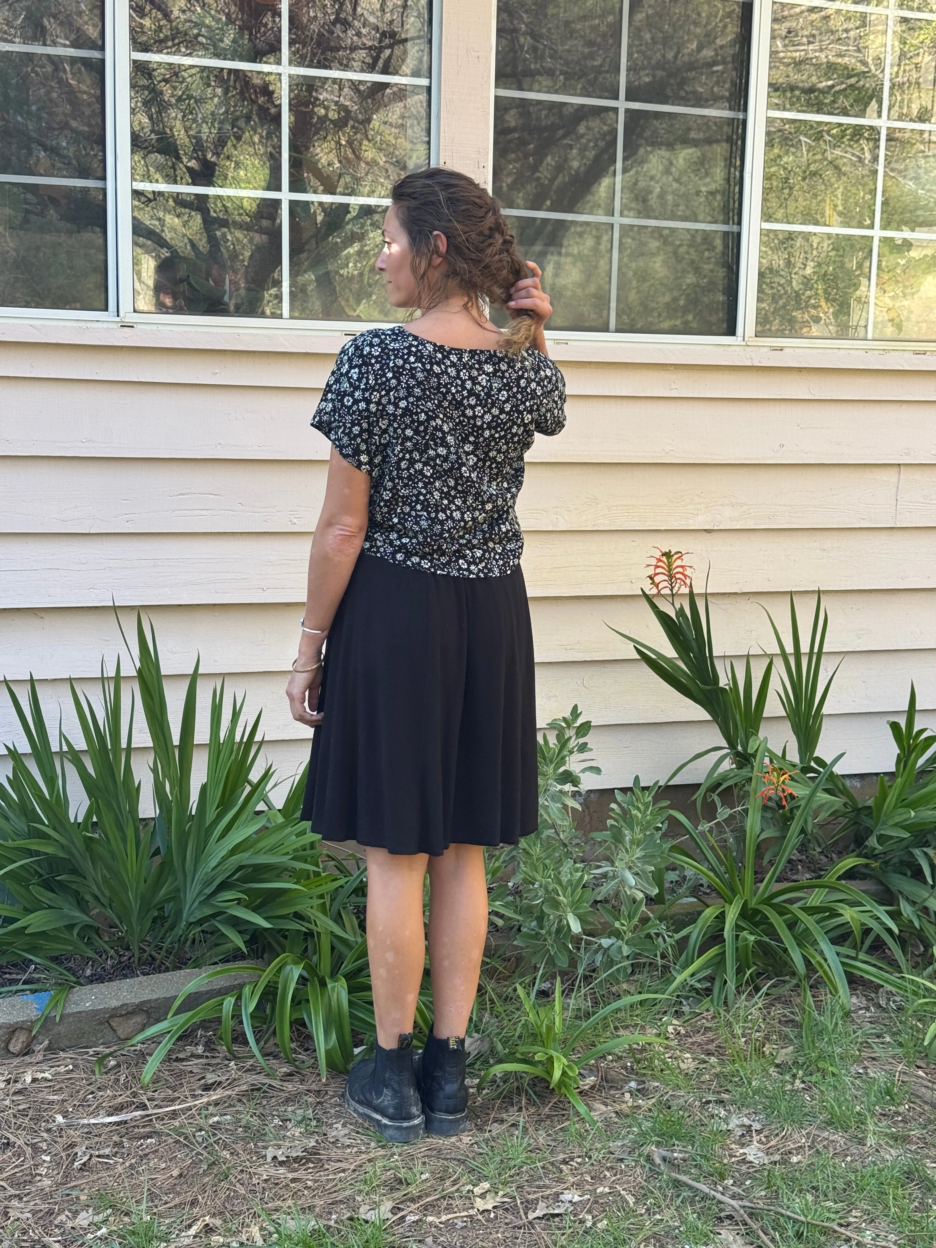 Ribbed Trim Dolman Top in Black & White Floral Crepe