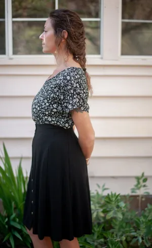 Garment Dyed Finish Basic Wardrobe Dolman Top in Black & White Floral Crepe