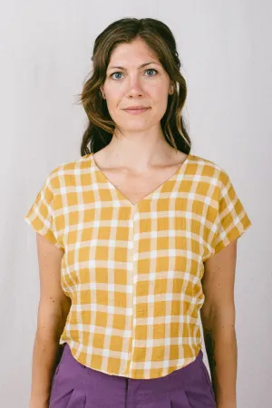 NonPill Surface Treatment Dolman Top in Marigold Checker