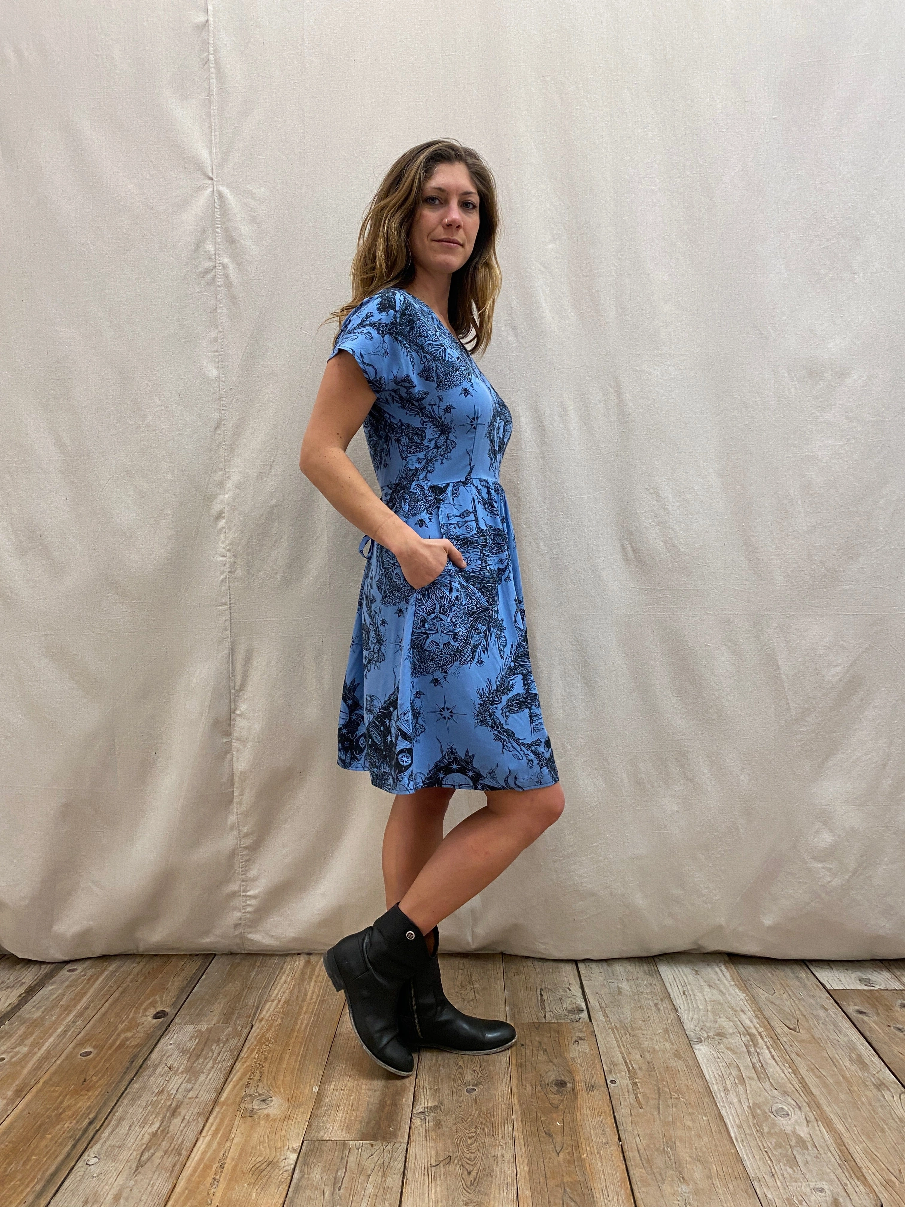 All Gender Relaxed Wear Dolman Dress in Earth Worship in Ocean Blue