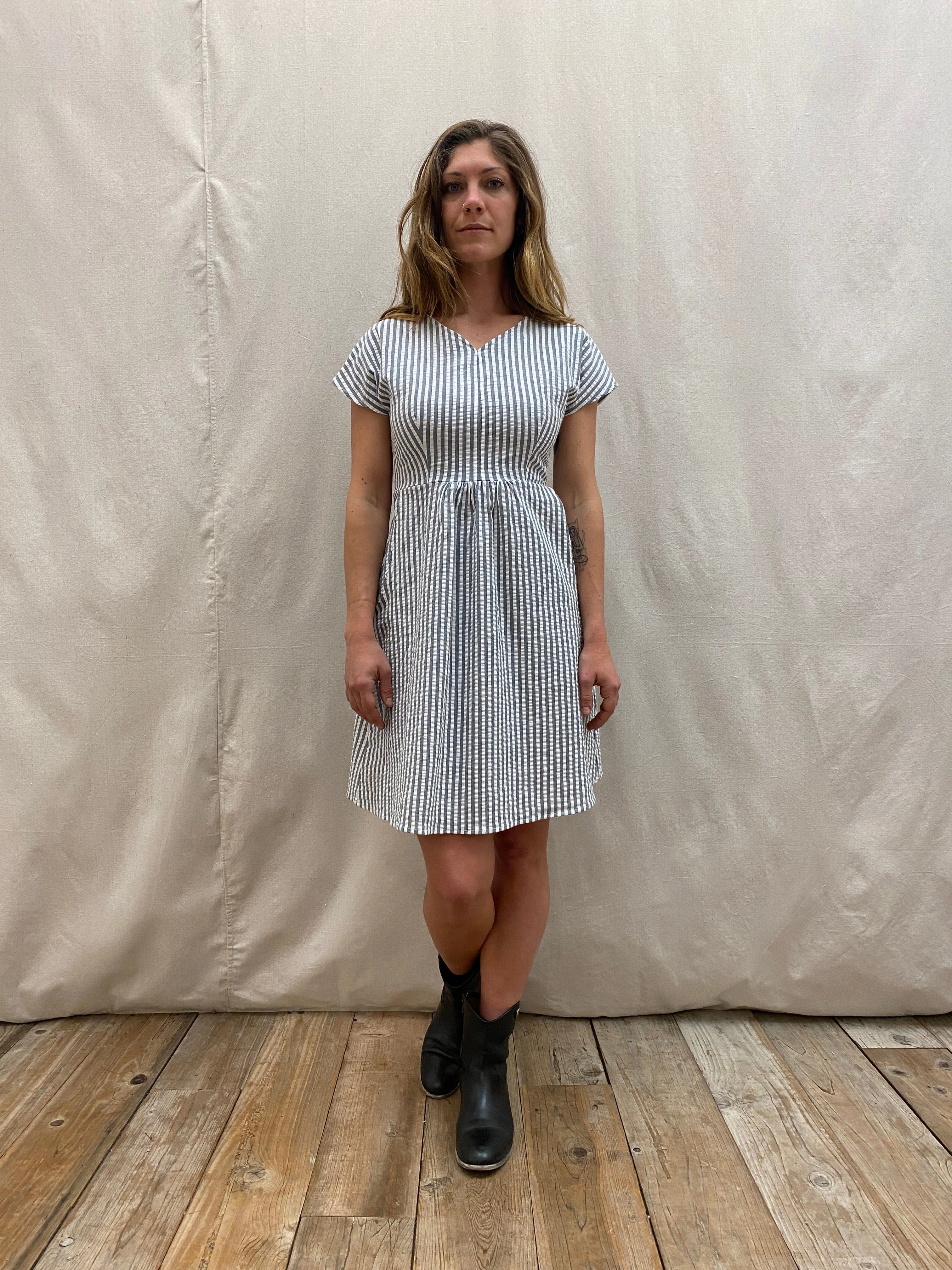 Feminine Line Sophisticated Elegance Dolman Dress in Seersucker