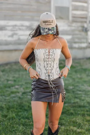 Grid Back Panel Raelynn Western Corset Top - Cream