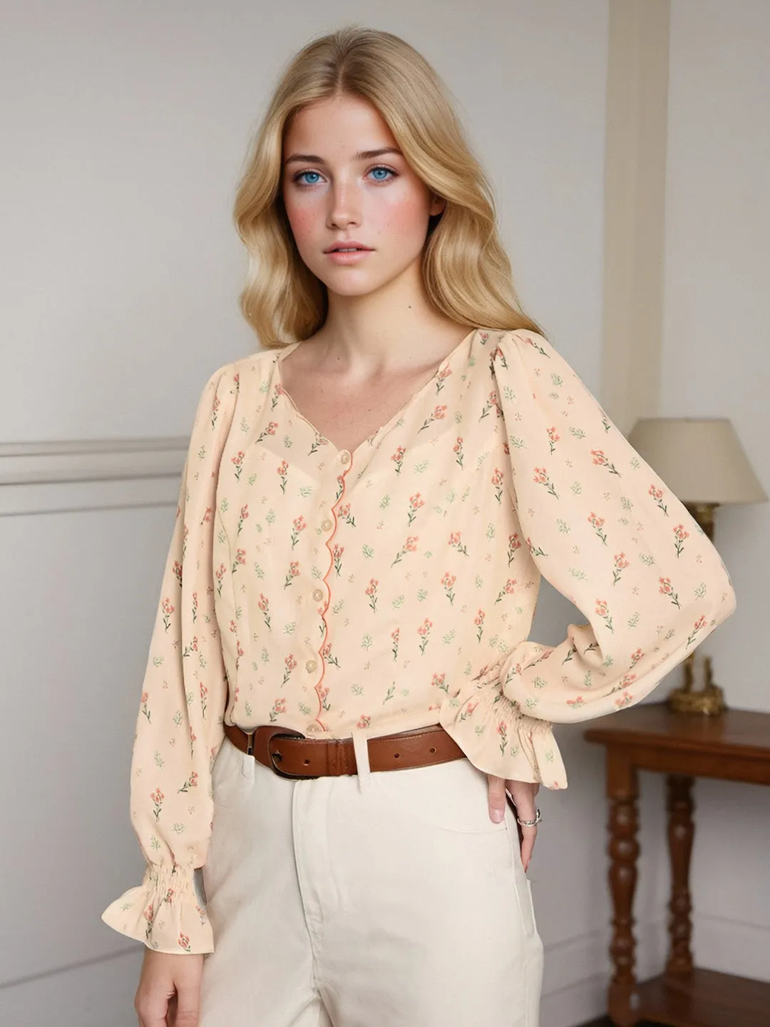 Anti Odor Finish ??Final Sale??Harlee Retro Wave V-Neck Floral Blouse