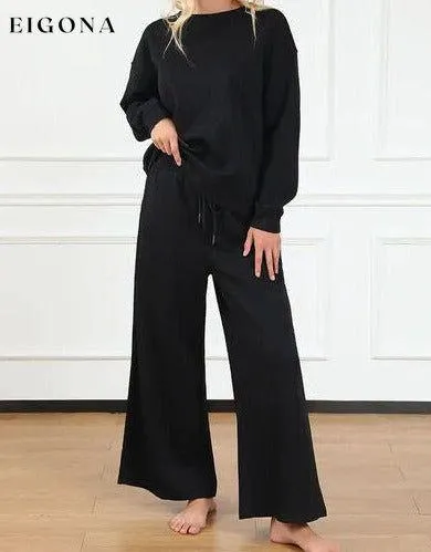Double Take Full Size Textured Long Sleeve Top and Drawstring Pants Set
