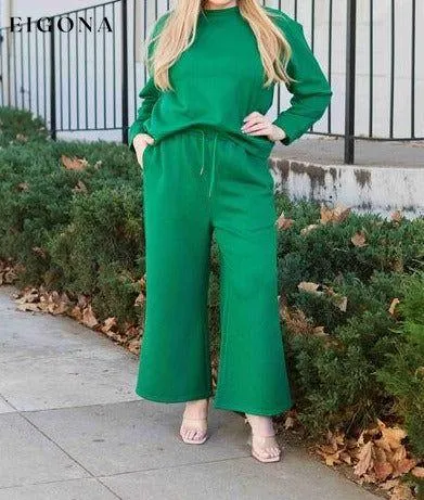 Double Take Full Size Textured Long Sleeve Top and Drawstring Pants Set