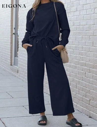 Double Take Full Size Textured Long Sleeve Top and Drawstring Pants Set