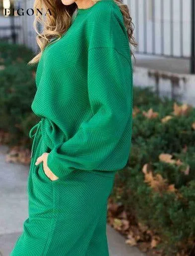 Double Take Full Size Textured Long Sleeve Top and Drawstring Pants Set