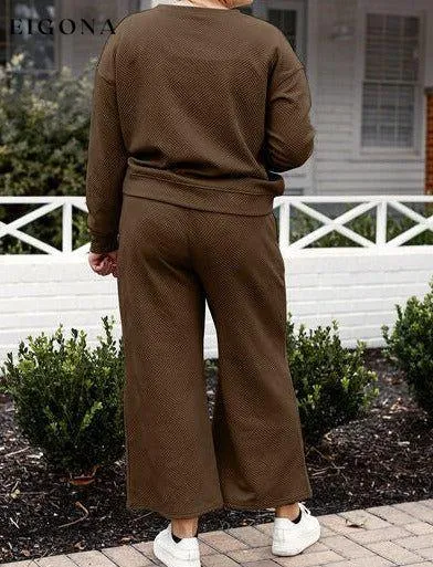 Double Take Full Size Textured Long Sleeve Top and Drawstring Pants Set
