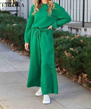 Double Take Full Size Textured Long Sleeve Top and Drawstring Pants Set