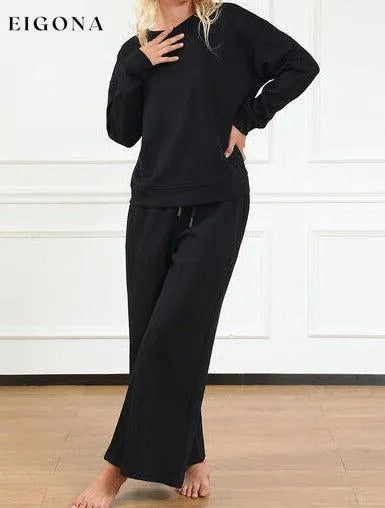 Double Take Full Size Textured Long Sleeve Top and Drawstring Pants Set