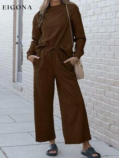 Double Take Full Size Textured Long Sleeve Top and Drawstring Pants Set