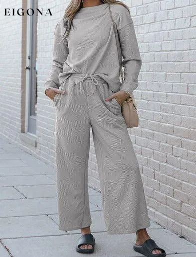 Double Take Full Size Textured Long Sleeve Top and Drawstring Pants Set