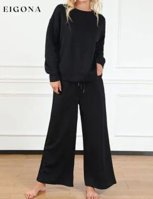 Double Take Full Size Textured Long Sleeve Top and Drawstring Pants Set
