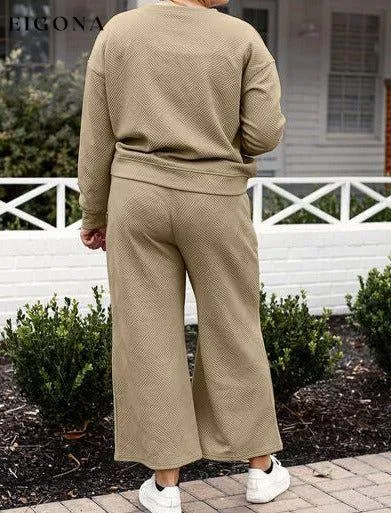 Double Take Full Size Textured Long Sleeve Top and Drawstring Pants Set