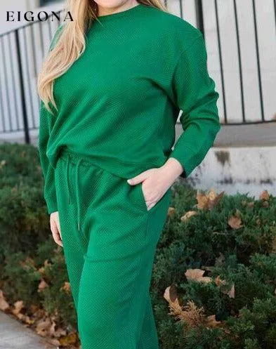 Double Take Full Size Textured Long Sleeve Top and Drawstring Pants Set