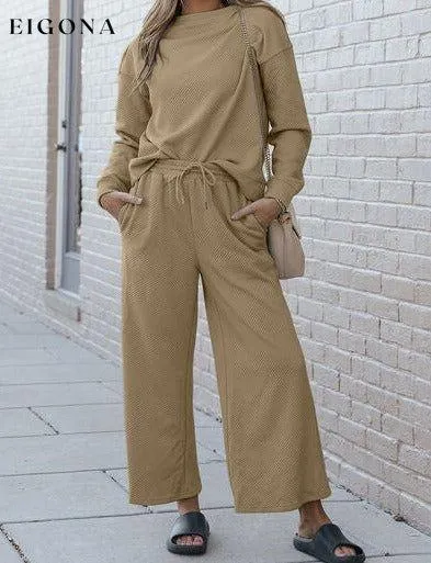 Double Take Full Size Textured Long Sleeve Top and Drawstring Pants Set