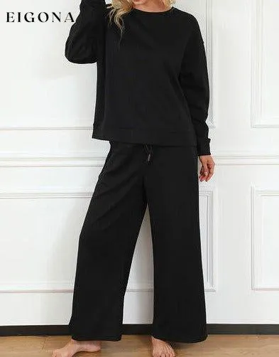Double Take Full Size Textured Long Sleeve Top and Drawstring Pants Set